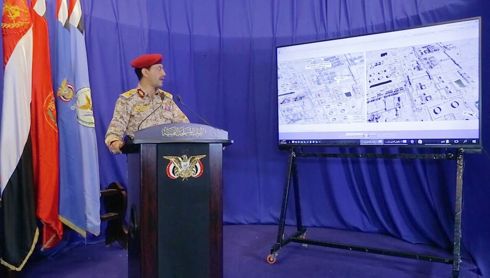 An image grab taken from a video made available by Ansar Allah's Media Office shows military spokesman Brigadier-General Yahya Saree speaking at a press conference on September 18, 2019 (AFP)
