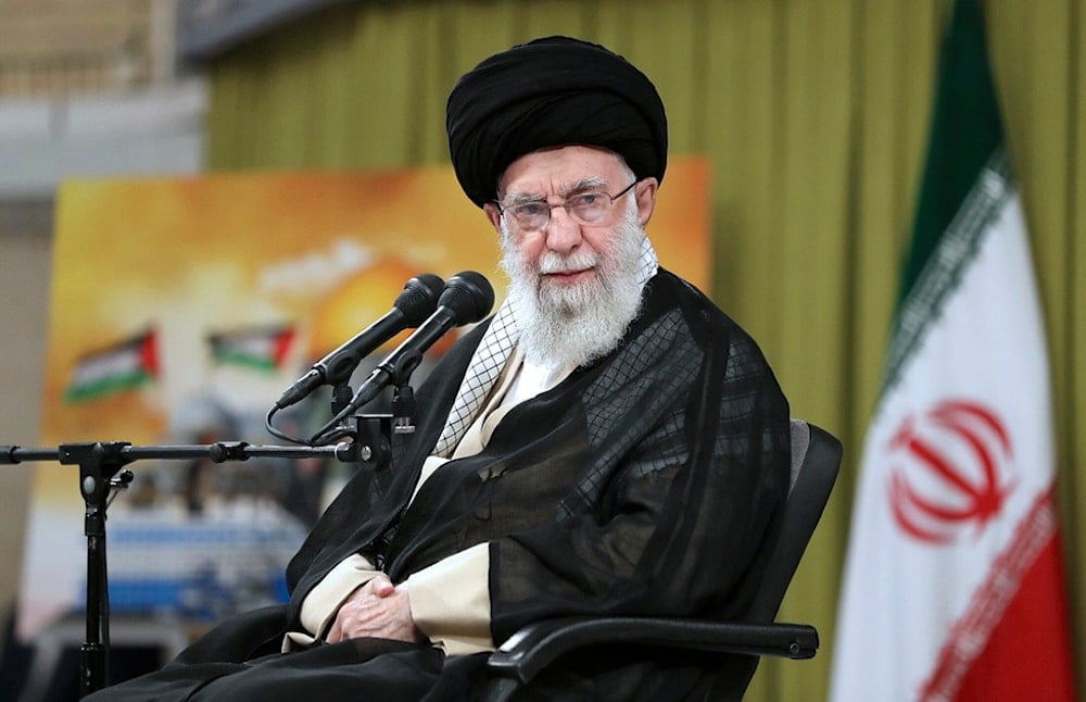 Supreme Leader Ayatollah Ali Khamenei attends a meeting with a group of students in Tehran, Iran, Wednesday, Nov. 1, 2023 (AP)