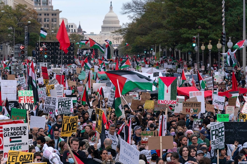 thousands of protesters rally during a pro-Palestinian demonstration at Freedom Plaza in Washington, Saturday, Nov. 4, 2023 (AP)