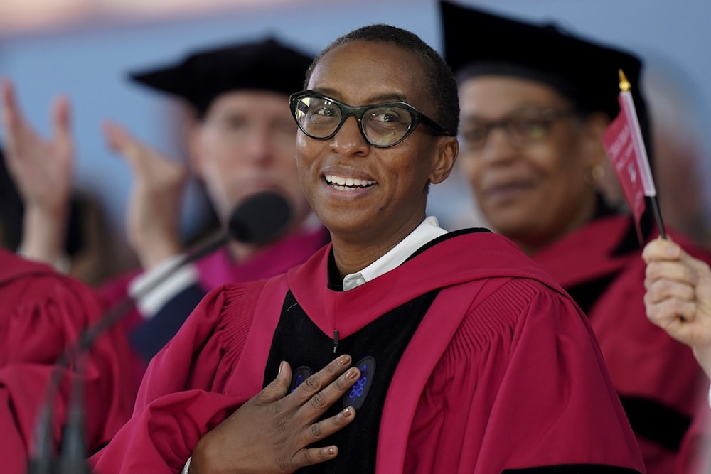 Claudine Gay addresses an audience during commencement ceremonies on Harvard's campus, in Cambridge, Mass on May 25, 2023. (AP)