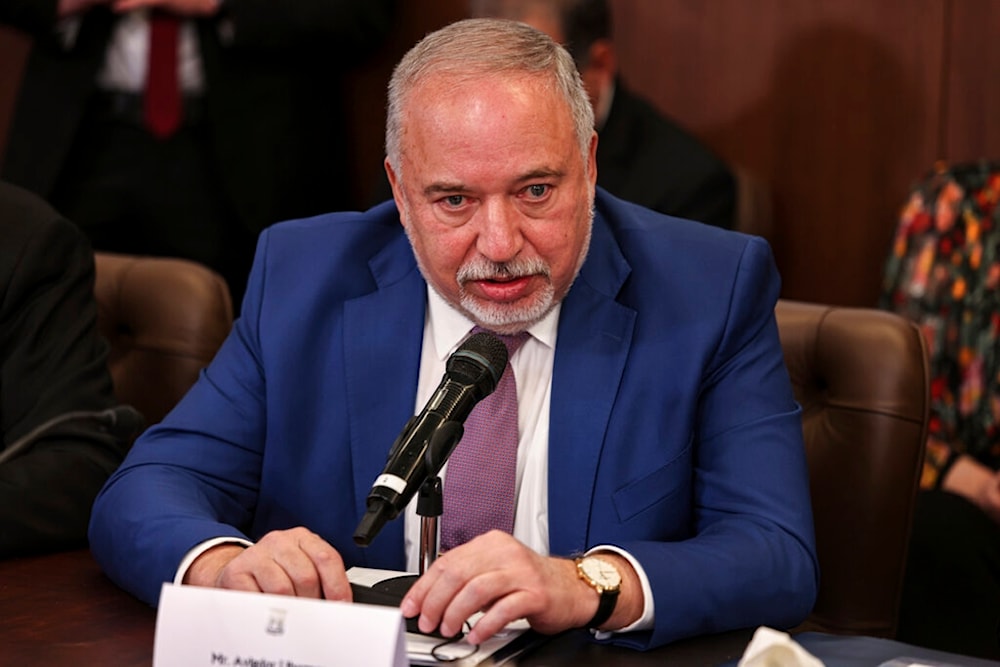 Former Israeli Finance Minister Avigdor Lieberman speaks at the weekly cabinet meeting, Occupied Al-Quds, Sunday, Feb. 13, 2022 (AP)