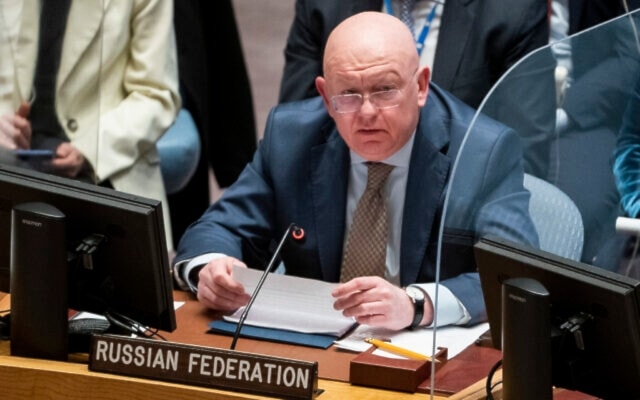 Vassily Nebenzia, permanent representative of Russia to the United Nations, speaks during a meeting of the UN Security Council, March 29, 2022, at United Nations headquarters (AP/John Minchillo)