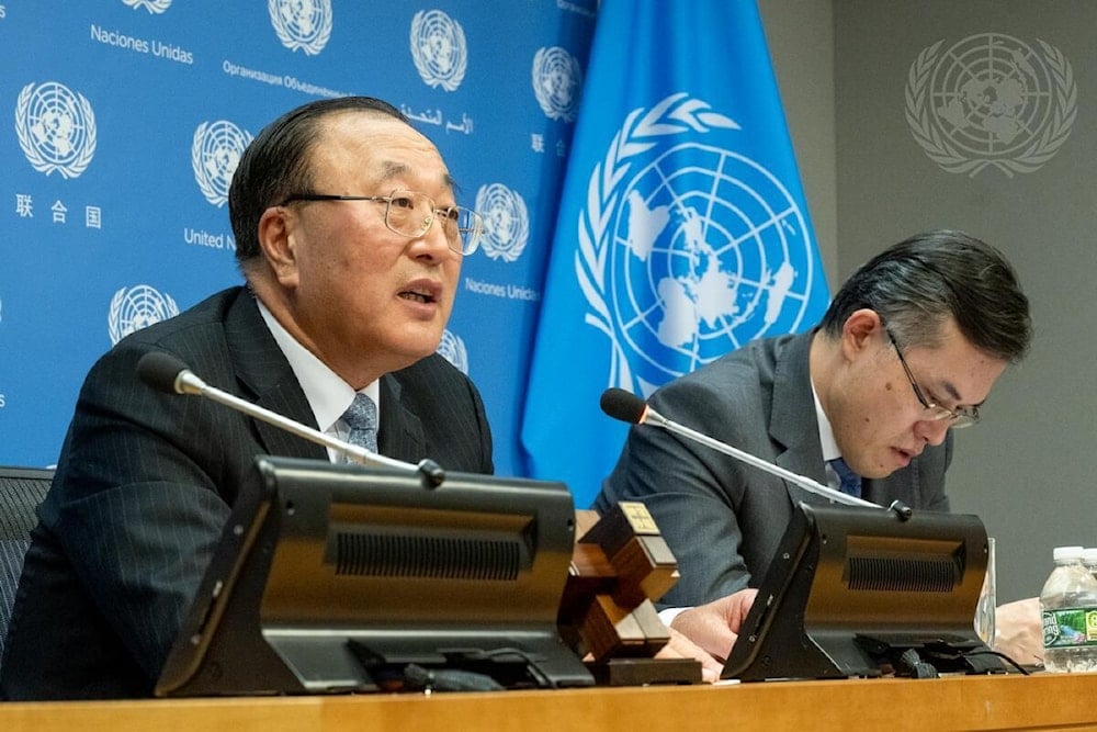 Zhang Jun, PR of China and President of the Security Council for November 2023, briefs the Press on the Programme of Work, November 1, 2023. (UN)