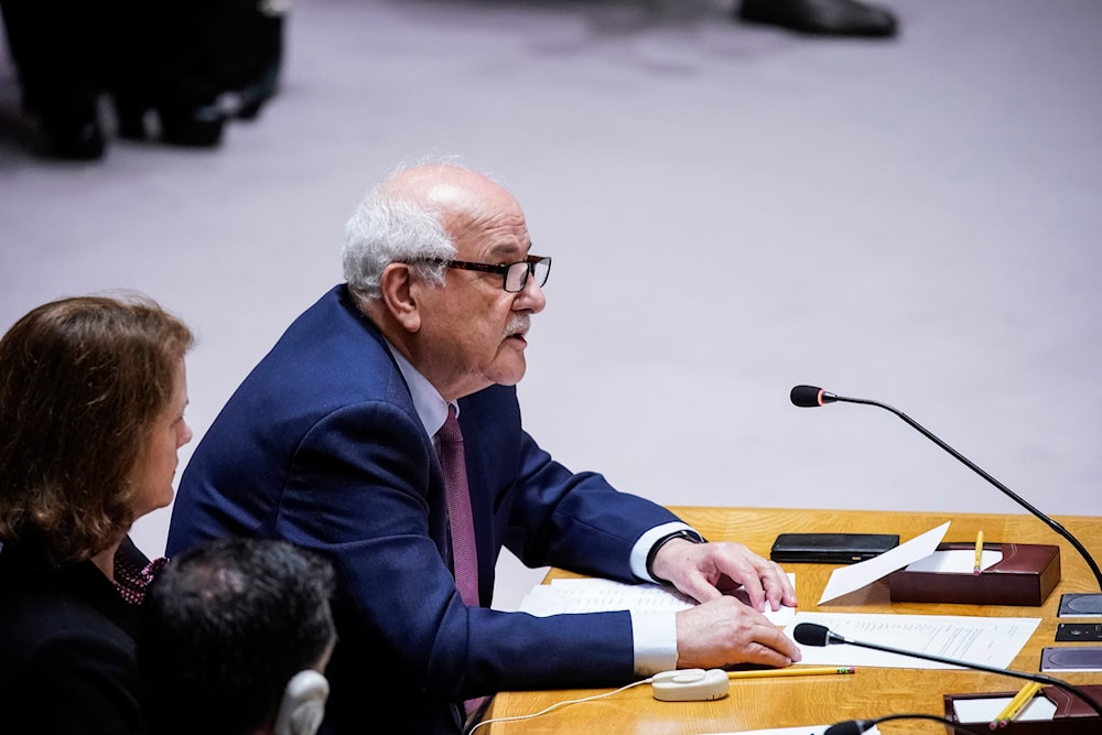 Riyad Mansour, the Palestinian U.N. ambassador, addresses members of the U.N. Security Council at United Nations headquarters, Monday, Oct. 30, 2023. (AP)