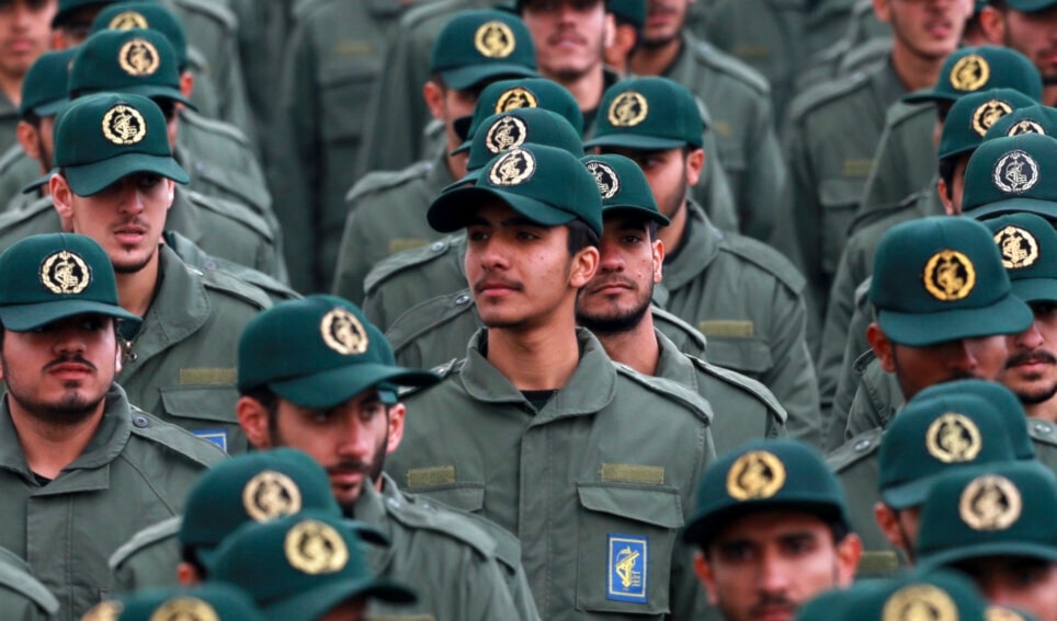 Iranian Revolutionary Guard members attend a ceremony celebrating the 40th anniversary of the Islamic Revolution at the Azadi, or Freedom, Square in Tehran, Iran, February 11, 2019 (AP)