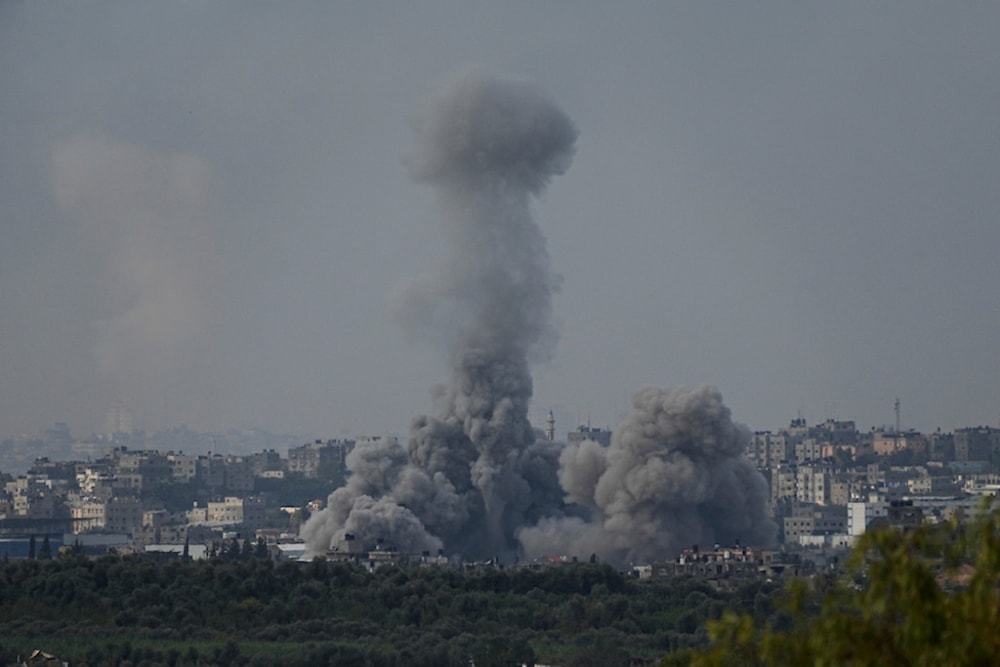 Smoke rises following an Israeli airstrike in the Gaza Strip, as seen from southern occupied Palestine, Monday, Nov. 13, 2023 (AP Photo)