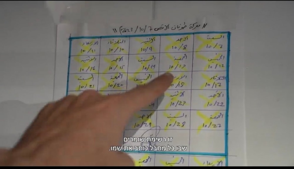 A screenshot from the video of the IOF spokesperson pointing at a hospital rotation calendar at Al-Rantisi Children hospital dubbing it proof of hostages being kept there, on November 13, 2023. (AP)