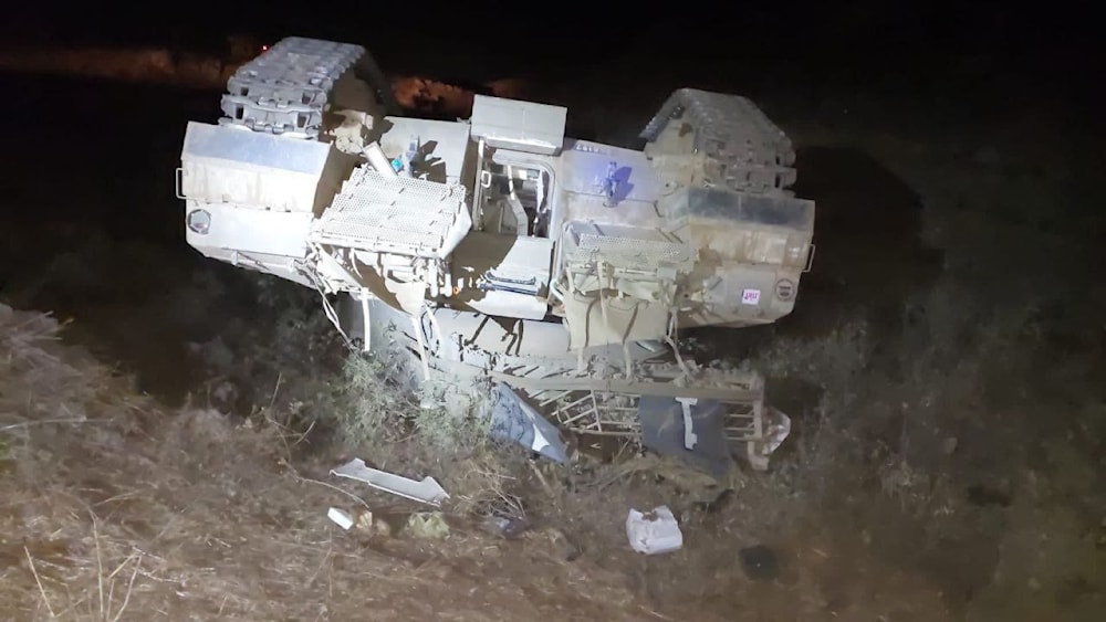 An image of an Israeli tank turned on its head in the Gaza Strip following the launch of the ground invasion into the Gaza Strip on October 25, 2023. (Social media)