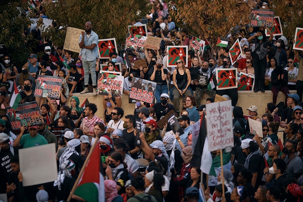 Protestors gather during a pro-Palestine demonstration demanding a cease fire on Saturday, Oct. 28, 2023, in New York (AP Photo/Andres Kudacki)