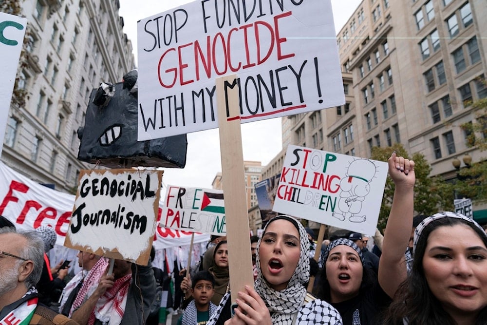 Protesters rally during a pro-Palestinian demonstration at Freedom Plaza in Washington, Saturday, Nov. 4, 2023.(AP)