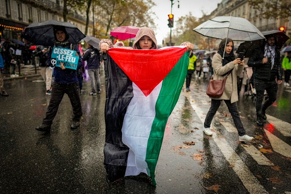 A woman holds a Palestinian flag during a pro-Palestine rally, in Paris, Saturday, Nov. 18, 2023. (AP)