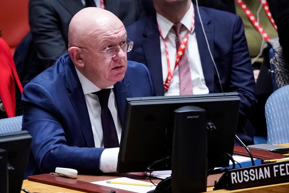 Russia's U.N. Ambassador Vassily Nebenzia addresses members during the U.N. Security Council meeting at United Nations headquarters. Monday, Oct. 30, 2023. (AP)