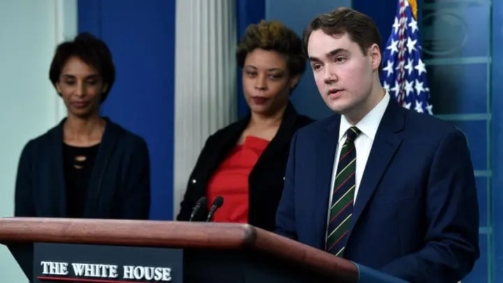 White House deputy press secretary Andrew Bates speaks as Director of the Office of Management and Budget Shalanda Young in Washington, D.C., on March 28, 2022. (AFP)