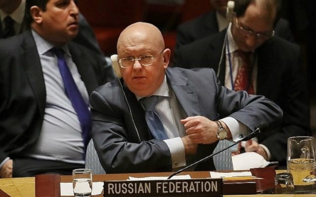 Russian Ambassador to the United Nations Vassily Nebenzia addresses the assembly during a UN Security Council meeting on the situation in Syria at the United Nations on March 12, 2018 in New York City. (Getty Images/AFP)
