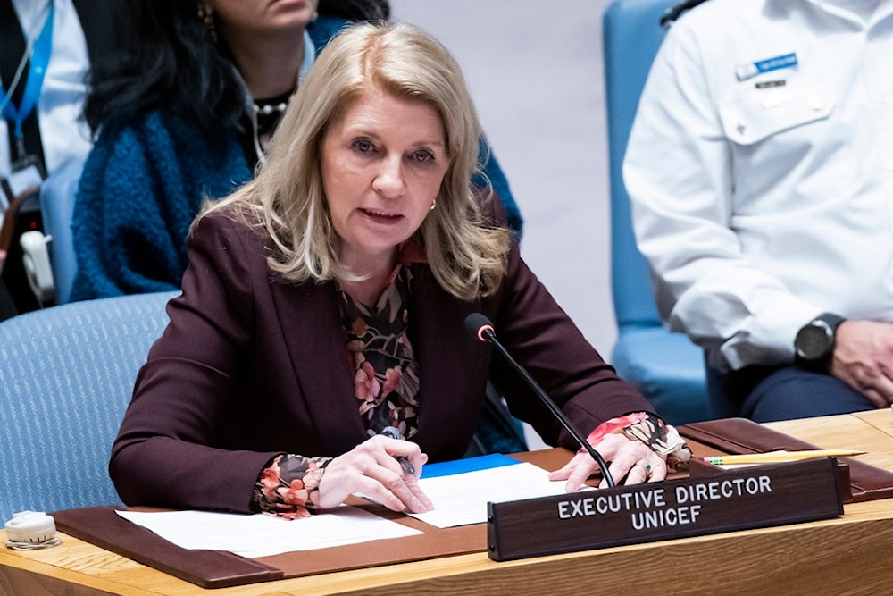 Executive Director of UNICEF Catherine Russell addresses members of the U.N. Security Council at United Nations headquarters Monday, Oct. 30, 2023. (AP Photo/Eduardo Munoz Alvarez)