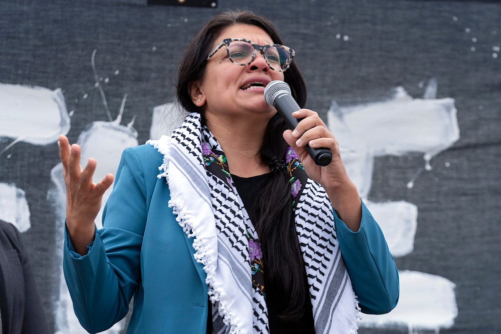Rep. Rashida Tlaib, D-Mich., speaks during a rally at the National Mall during a pro-Palestinian demonstration in Washington, Oct. 20, 2023. (AP)