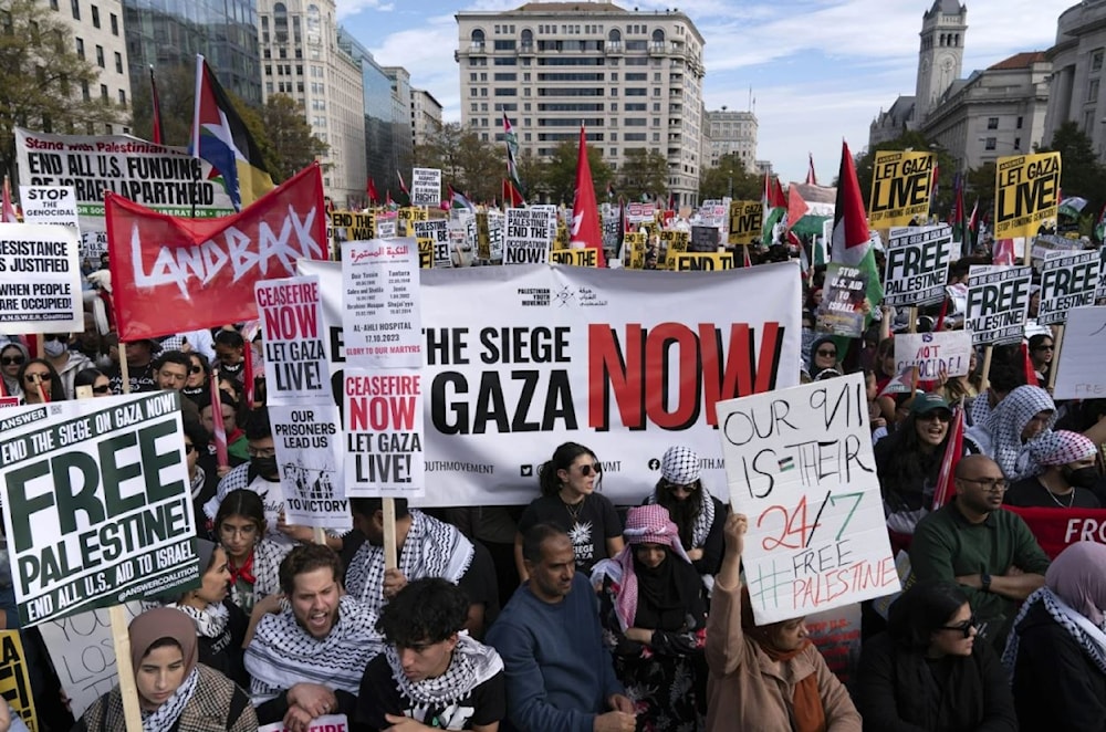 Anti-war activists rally during a pro-Palestinian demonstration asking to ceasefire in Gaza, at Freedom Plaza in Washington, Saturday, Nov.4, 2023. (AP)