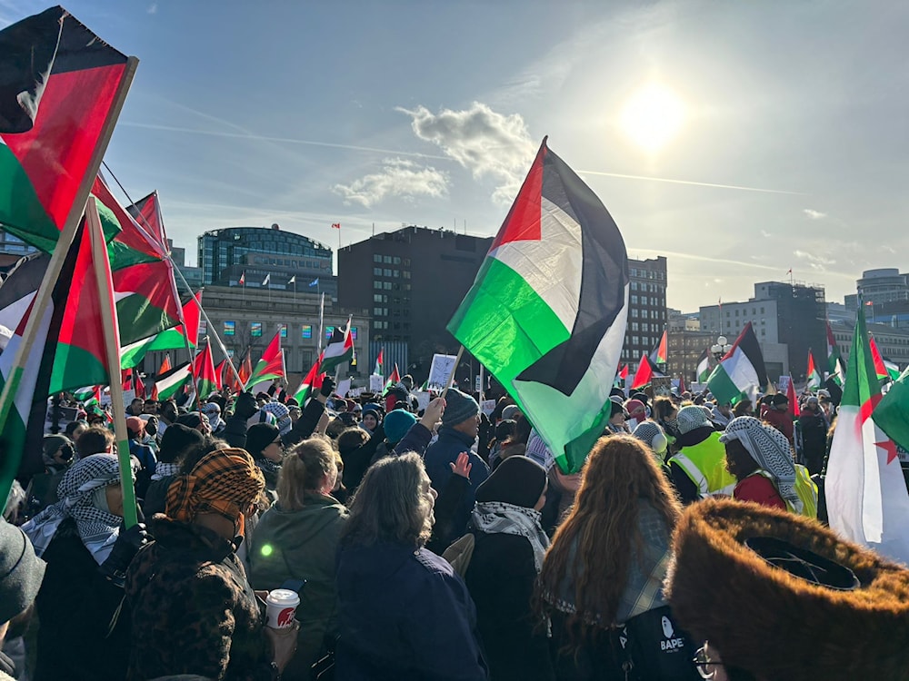 Thousands of protesters gathered at Parliament Hill, Ottawa, on Saturday, to protest the Israeli-led massacre in Gaza. (Al Mayadeen)