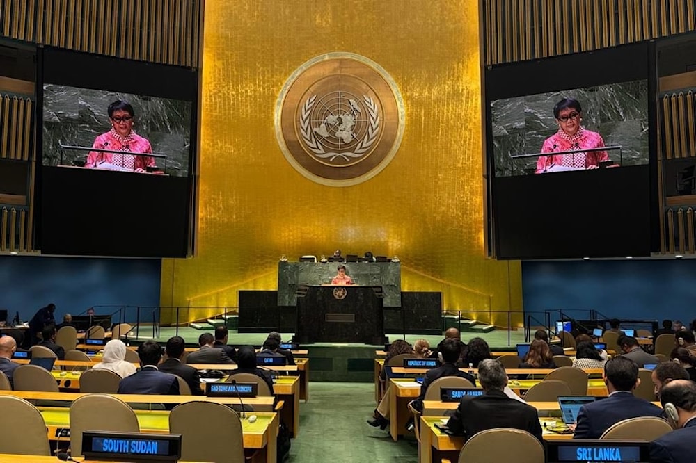 Indonesian Foreign Minister Retno Marsudi speaks before delegates at the UN General Assembly on November 28, 2023. (Twitter) 