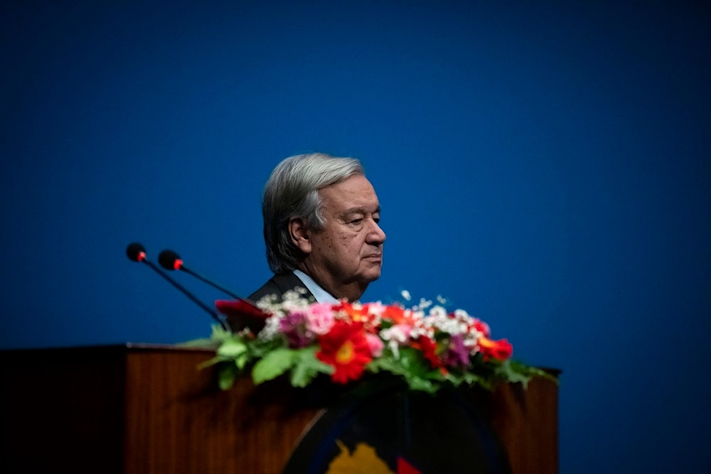 U.N. Secretary-General António Guterres, stands for the national anthem before he addresses the Nepalese Parliament in Kathmandu, Nepal, Tuesday, Oct. 31, 2023. (AP Photo/Niranjan Shrestha)