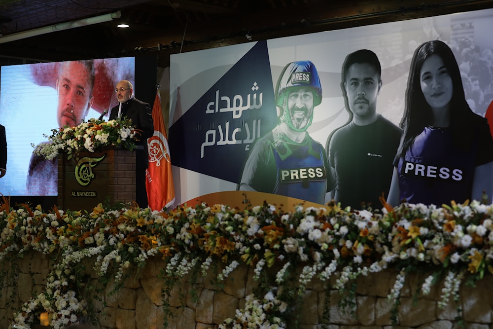 Al Mayadeen media network Chairman of the Board of Directors, Ghassan Ben Jeddou, speaks during a memorial service for Al Mayadeen's martyrs in Beirut, Lebanon, November 28, 2023 (Al Mayadeen)