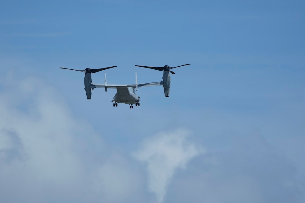 A U.S. MV-22B Osprey transport aircraft flies back to the U.S. Marine Corps Air Station Futenma in Ginowan, south of Okinawa, southern Japan, Wednesday, Sept. 6, 2023. (AP)