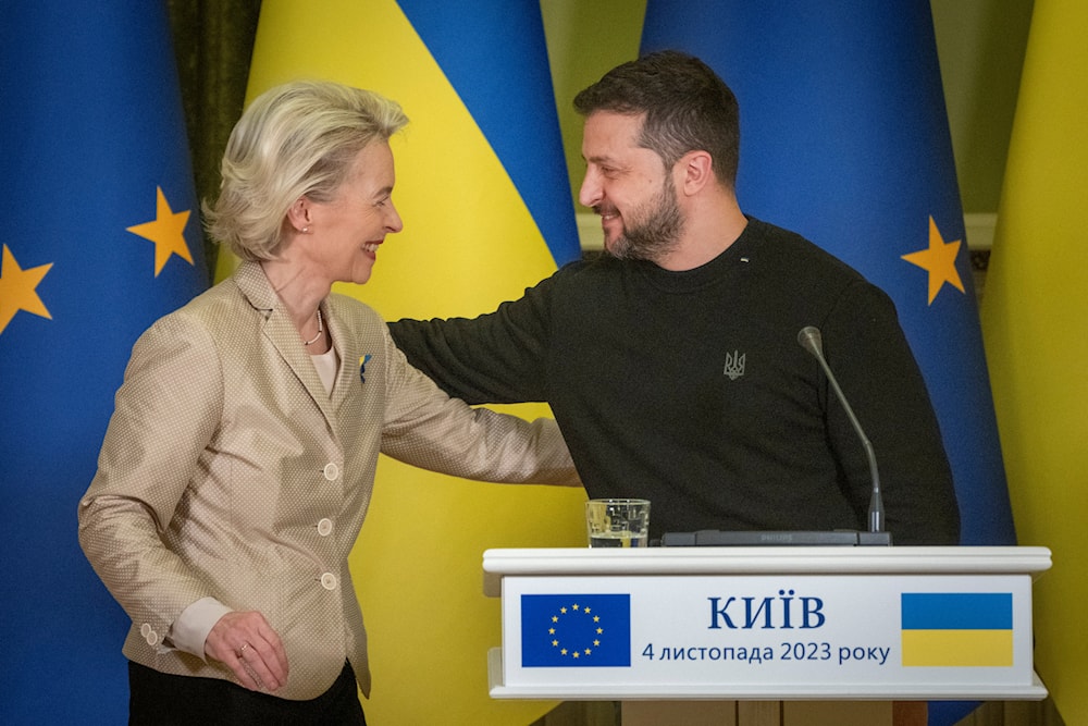 Ukrainian President Volodymyr Zelenskyy, right, and European Commission President Ursula von der Leyen attend a press conference in Kyiv, Ukraine, Saturday, Nov. 4, 2023. (AP)
