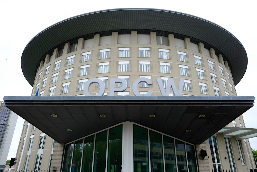 The main entrance of the headquarters of the Organization for the Prohibition of Chemical Weapons (OPCW), is seen in The Hague, Netherlands on May 5, 2017 (AP)