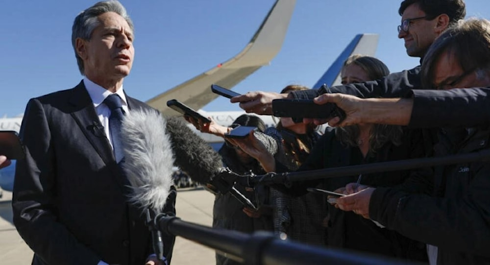 US Secretary of State Antony Blinken talks to reporters prior to boarding his aircraft at Joint Base Andrews on his way to the Middle East and Asia (AFP)