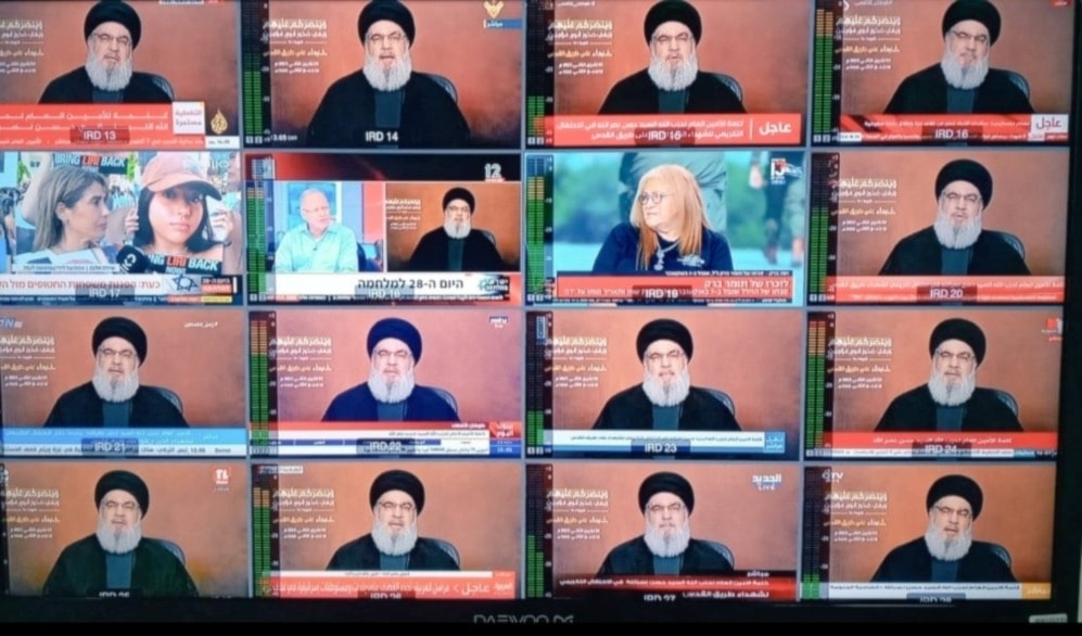 An image showing multiple news outlets broadcasting Hezbollah Secretary-General Sayyed Hasan Nasrallah speech live after 27 days since Operation Al Aqsa Flood. (Social Media)