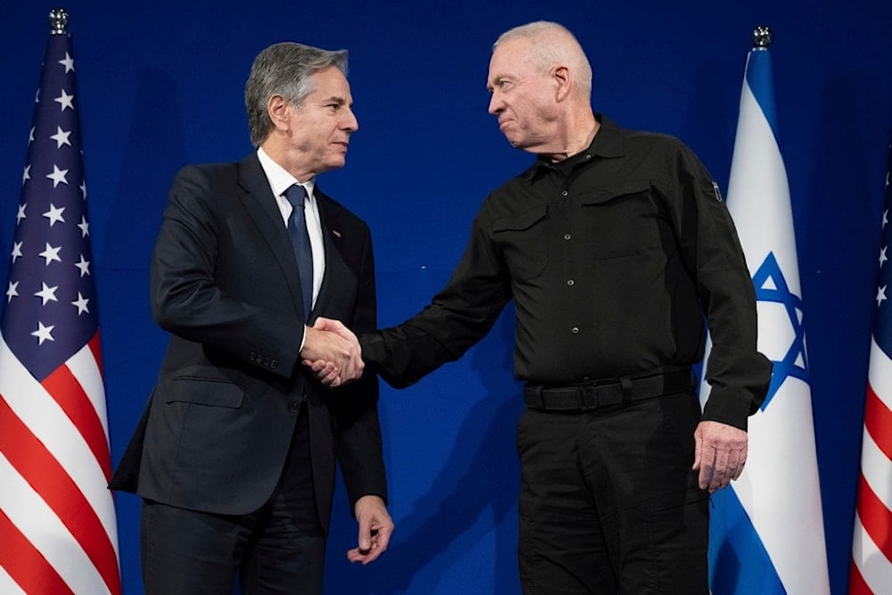 Israeli Security Minister Yoav Gallant, right, and US Secretary of State Antony Blinken shake hands prior to a meeting in 