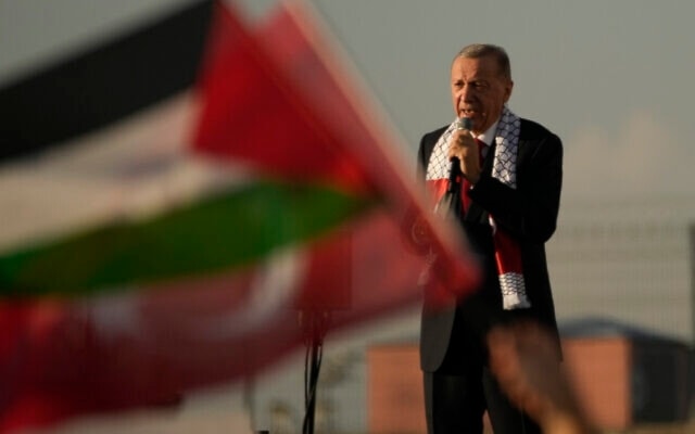 ErdoganTurkish President Recep Tayyip Erdogan, speaks to attendees during a rally to show their solidarity with Palestinians, in Istanbul, Turkey, Saturday, Oct. 28, 2023. (AP)