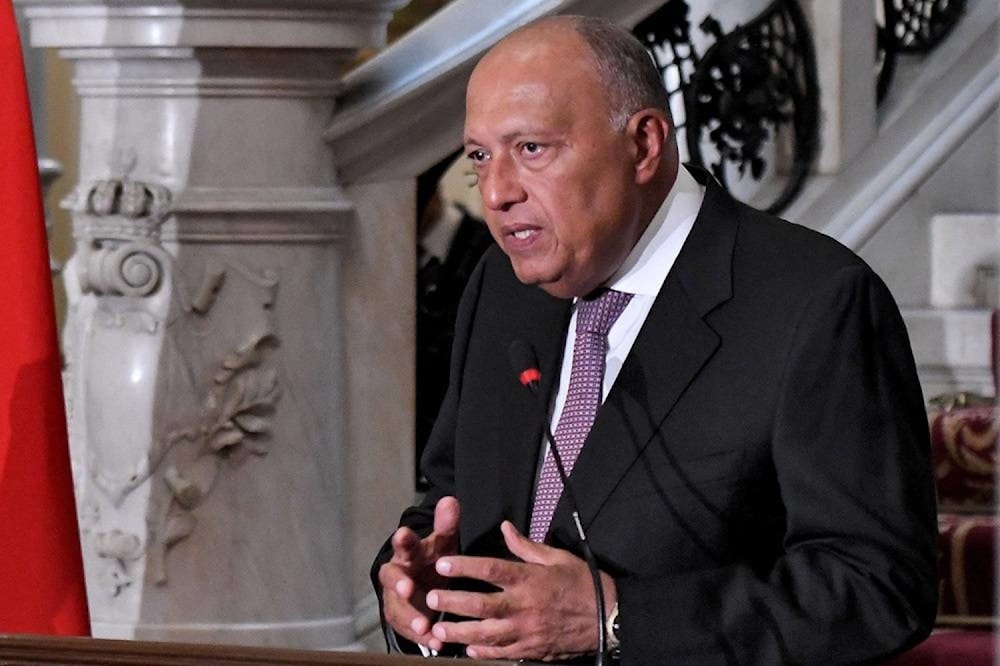 Egypt's Foreign Minister Sameh Shoukry speaks during a joint press conference with the Turkish foreign minister in Cairo on October 14, 2023. (AFP)