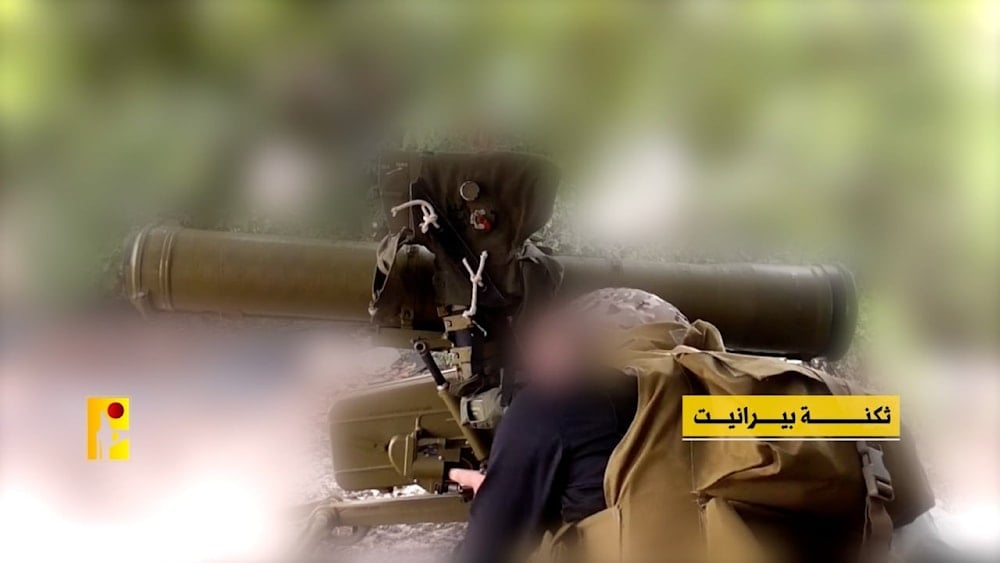 A screenshot from a Hezbollah military media video showing a freedom fighter launching a rocket toward an Israeli position on the southern border of Lebanon on October 30, 2023. (Military media)