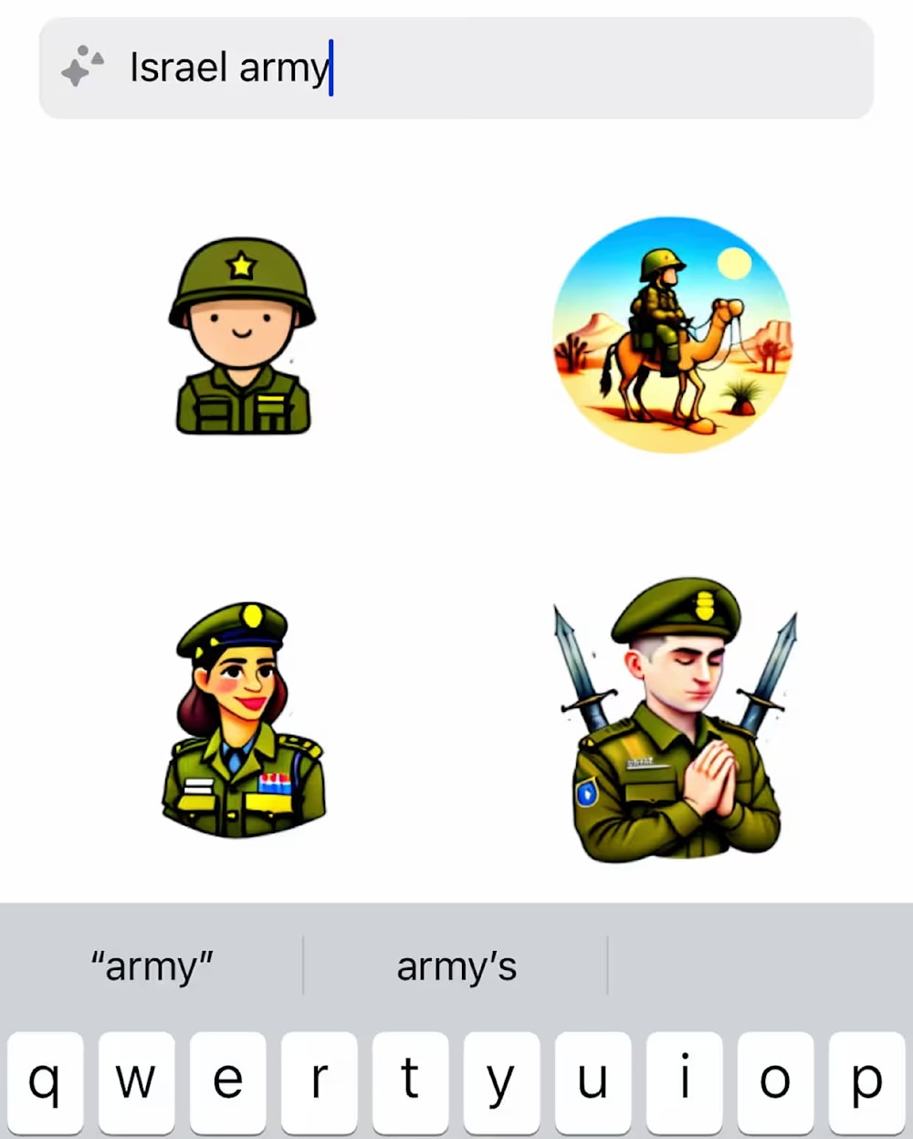 An AI generated sticker search in WhatsApp shows images of four people in uniform in various poses when prompted with the search ‘Israeli army’. 