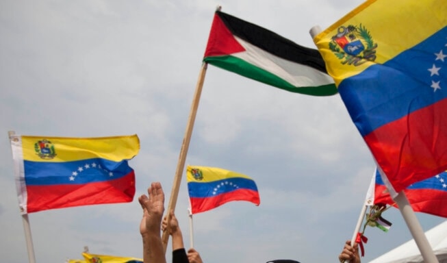 Palestinians who live in Venezuela wave Palestinian and Venezuelan flags as they welcome a group of Palestinian students, Venezuela, Thursday, Nov. 6, 2014 (AP)
