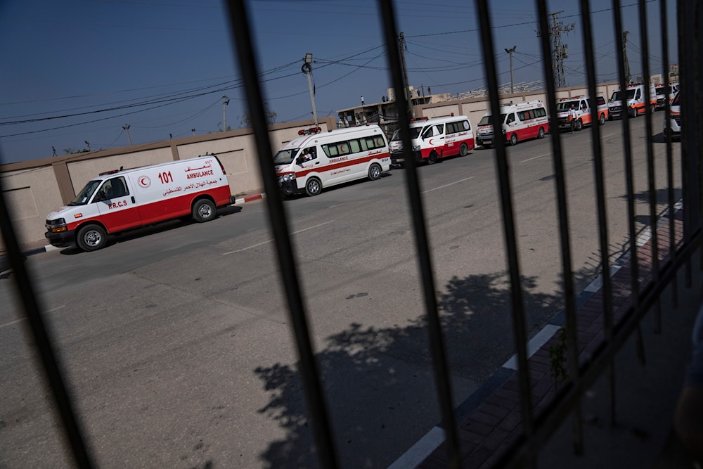 Ambulances with Palestinians wounded in the Israeli bombardment of the Gaza Strip arrive at Rafah border crossing to Egypt Wednesday, Nov. 1, 2023. (AP)