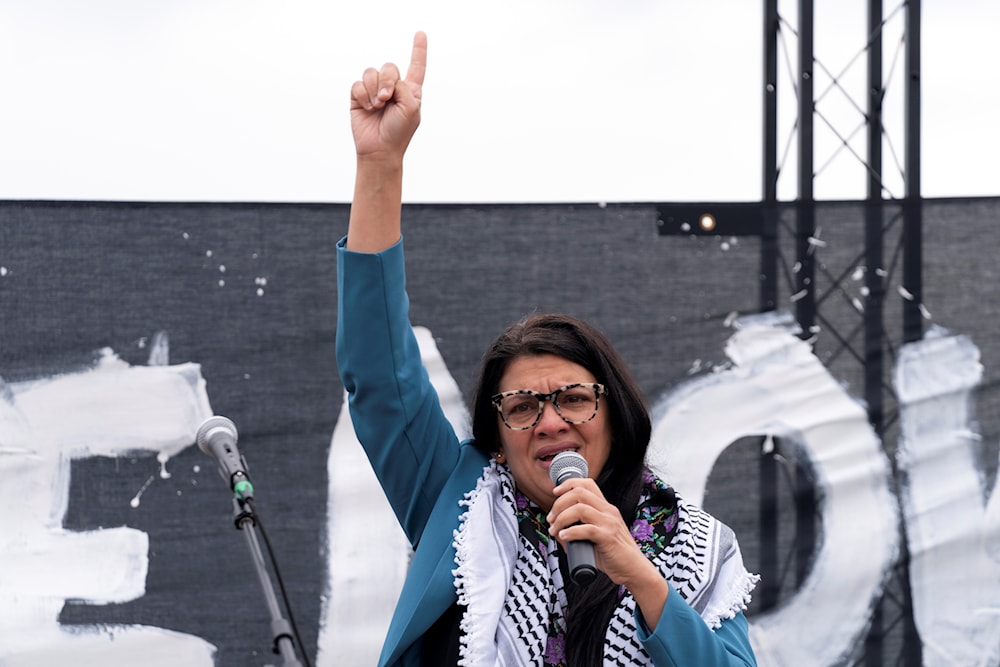 Rep. Rashida Tlaib, D-Mich., speaks during a rally at the National Mall during a pro-Palestinian demonstration in Washington, Friday, Oct. 20, 2023. (AP)