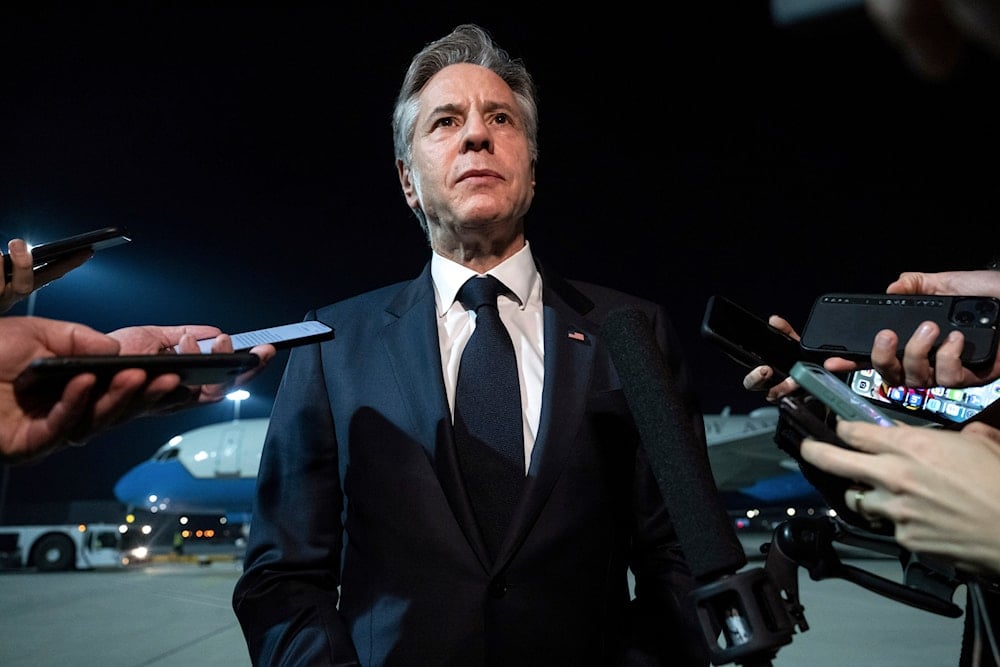 US Secretary of State Antony Blinken speaks to the media prior to departure from Al Maktoum International Airport in Dubai, United Arab Emirates, Friday, Dec. 1, 2023 (AP)