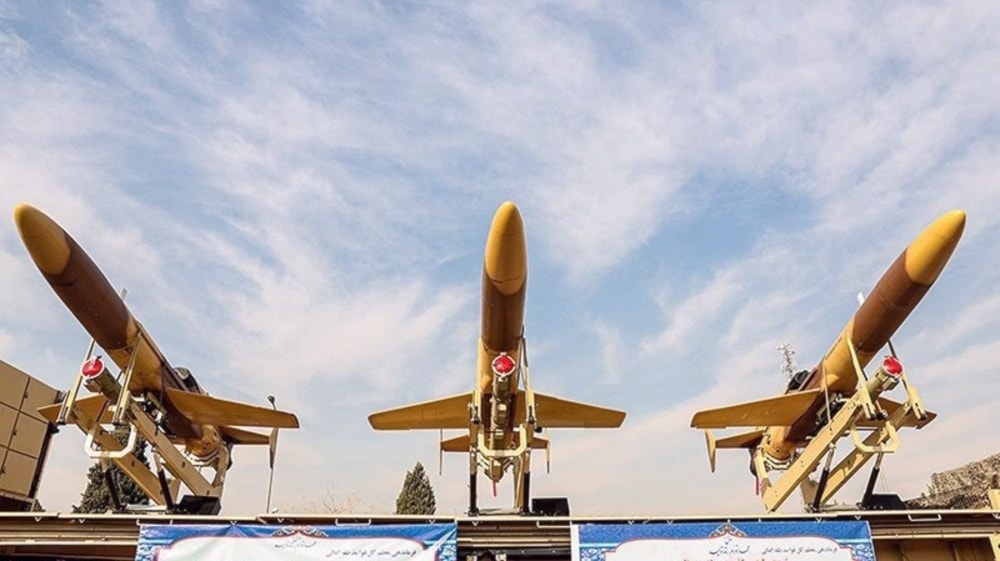 Karrar drones, equipped with air-to-air Majid missiles, join Iran Army's Air Defense Force during a ceremony at Khatam al-Anbia Air Defense Academy in Tehran on December 10, 2023. (Photo by Tasnim news agency)
