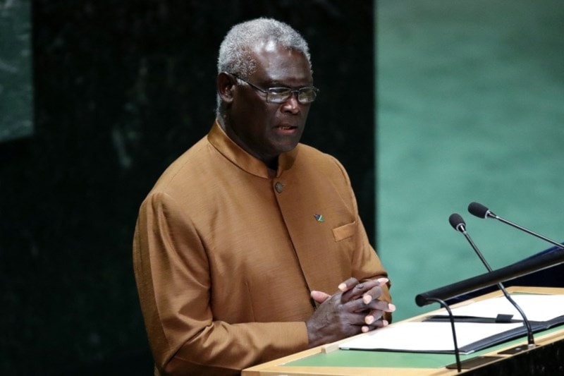 Manasseh Sogavare, Prime Minister of the Solomon Islands, addresses the 78th United Nations General Assembly at UN headquarters in New York City on September 22, 2023 (AFP)