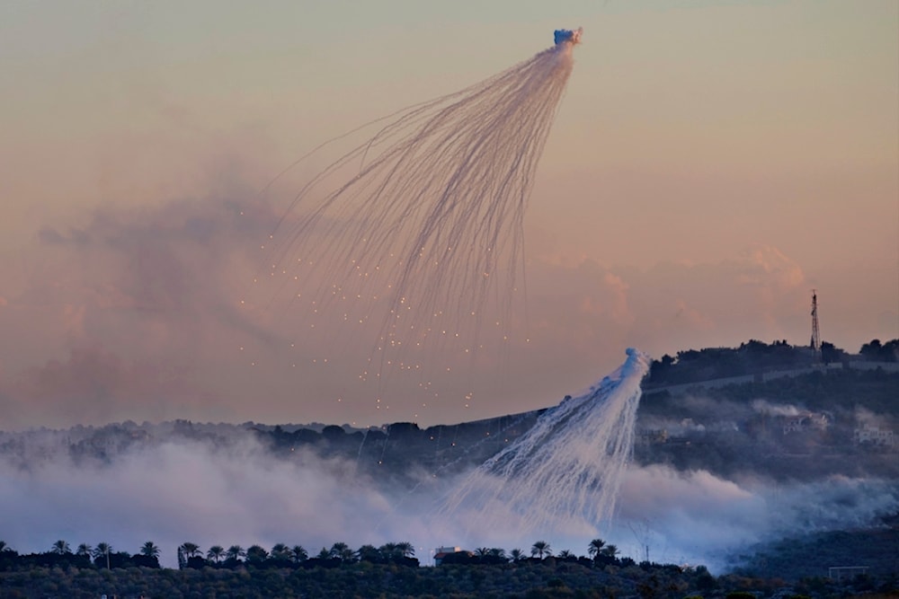 Shells that appears to be white phosphorus from Israeli artillery explode over al-Dhayrah, a Lebanese border village with occupied Palestine, south Lebanon, on October 16, 2023