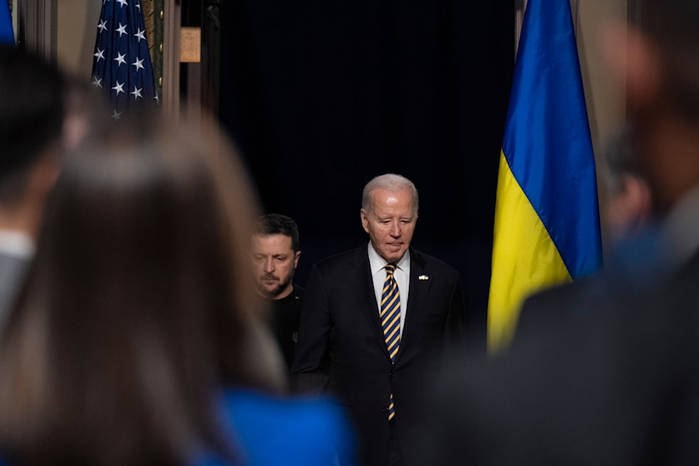 President Joe Biden and Ukrainian President Volodymyr Zelensky in the Eisenhower Executive Office Building on the White House Campus, Tuesday, Dec. 12, 2023, in Washington. (AP)