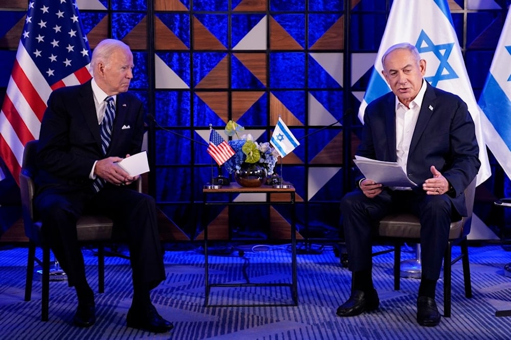 Israeli occupation Prime Minister Benjamin Netanyahu speaks as he meets with US President Joe Biden, Wednesday, Oct. 18, 2023, in 'Tel Aviv'. (AP)