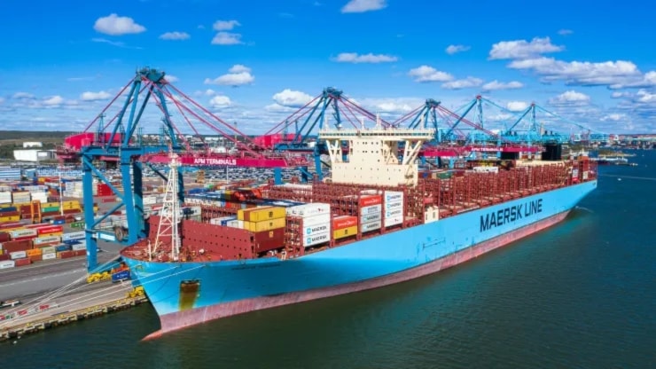 The container ship Maersk Murcia sits moored in the port of Gothenburg, Sweden, on August 24, 2020. (AFP via Getty Images)