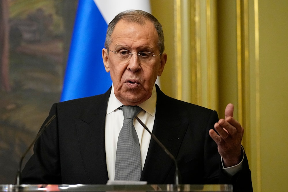 Russian Foreign Minister Sergey Lavrov speaks during a joint news conference with Belarusian Foreign Minister Sergei Aleinik following their talks, in Moscow, Russia, Friday, Dec. 15, 2023. (AP)