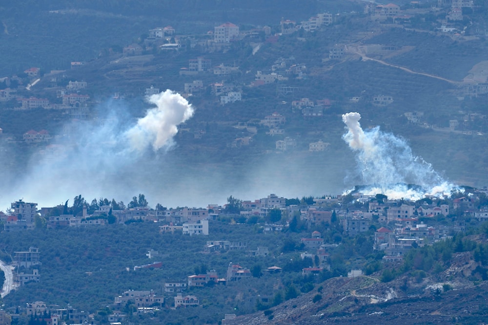 A shell that appears to be white phosphorus from Israeli artillery explodes over Kfar Kila, a Lebanese border village with Israel, as it seen from Marjayoun town in south Lebanon, Wednesday, Nov. 22, 2023. (AP)