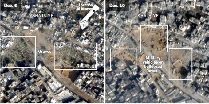 Satellite images showing a bulldozed cemetery in Gaza's Shujaiya (Planet Labs/NYT)
