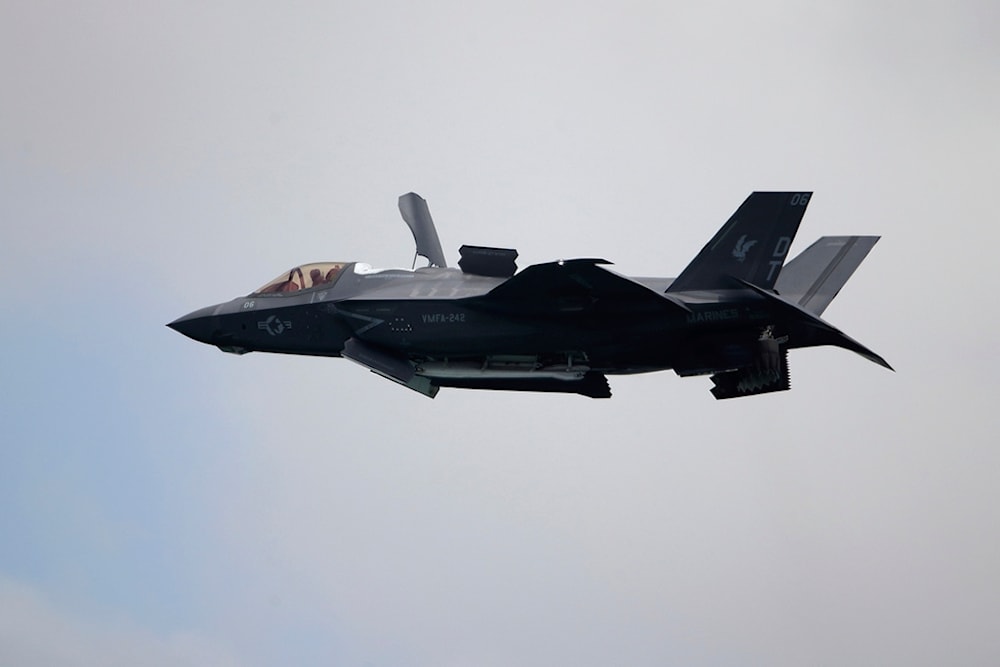 A United States Marine Corps F-35B Lightning II takes part in an aerial display during the Singapore Airshow 2022 at Changi Exhibition Centre in Singapore, Feb. 15, 2022 (AP)