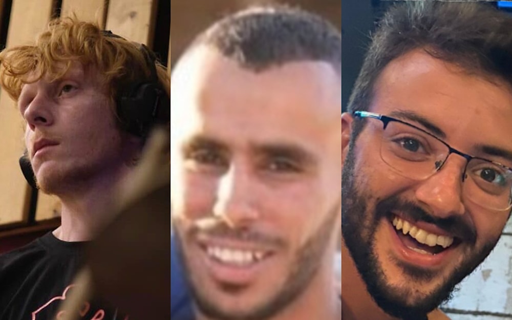 (From L-R) Hostages Yotam Haim, Samar Talalka and Alon Lulu Shamriz, who were killed by IOF troops in Gaza on December 15, 2023.